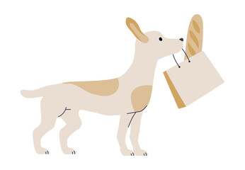 Dog Carrying A Bread Bag In Flat Vector Illustration Symbolizing Pet Assistance, Delivery, And Shopping, Isolated On White Background