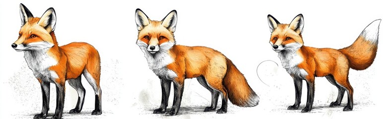Fototapeta premium Three Red Foxes Watercolor Illustration White Background