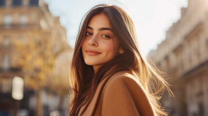 Fototapeta premium Elegant woman in a brown coat, captured from the side as she looks directly into the camera with an enchanting smile. Her long brunette hair blows gently in the breeze on a bright