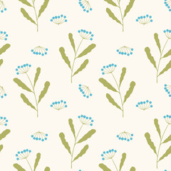 Summer meadow, botanical pattern, twigs with blue berries on light background. Summer atmosphere, sunny meadow with herbs. Vector illustration