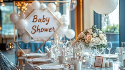 Chic modern baby shower decor with geometric shapes sleek white balloons pastel accents elegant tableware subtle floral arrangements, personalized name cards. "Baby Shower" sign with metallic accents