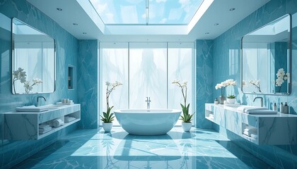 Dazzling contemporary bathroom featuring frosted glass walls, skylight lighting, and sleek marble finishes.
