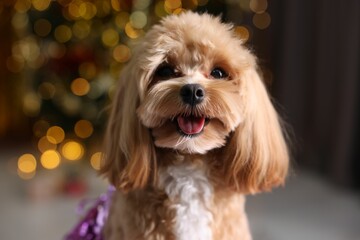 Portrait of cute dog against blurred lights