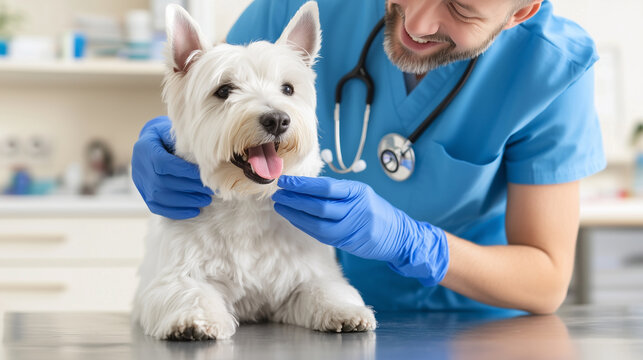 dedicated veterinarian in blue scrubs checks the dental health of a West Highland White Terrier dog, using blue gloves during a thorough exam at a veterinary clinic.dedicated veter