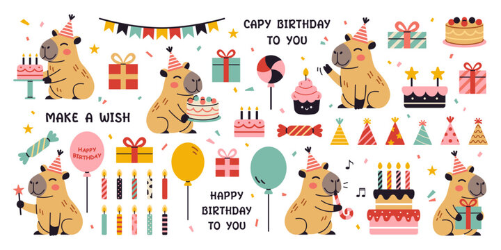 Happy birthday party set with cute capybaras and other elements. Vector childish collection of funny amusing capybara characters, birthday cakes and sweets, candles, balloons, party hats and gifts.