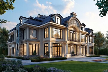 Fototapeta premium Elegant countryside mansion surrounded by lush greenery during a golden sunset hour