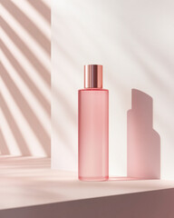 Blank pink cosmetic skincare makeup bottle with bright summer sunlight and shadows