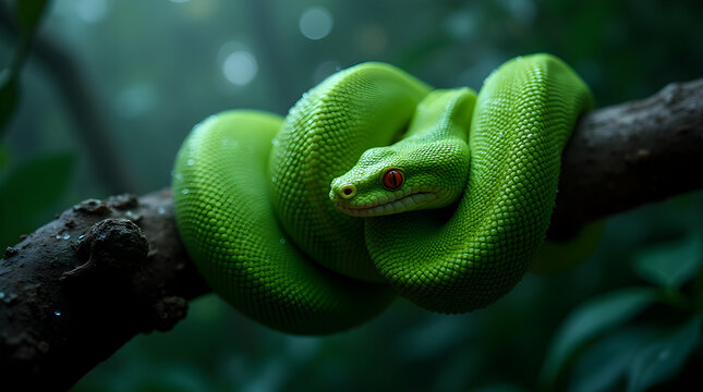 A vibrant green tree python coiled around a branch in a lush jungle. Its piercing eyes and intricate scales highlight its stealth and beauty in the dense rainforest.