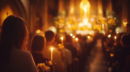 A joyful Easter Sunday church service with worshippers holding candles and singing, set inside a beautifully decorated church with flowers and Easter symbols.