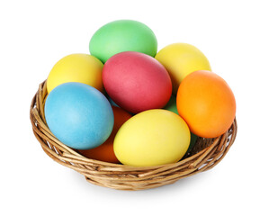 Many decorated Easter eggs in basket isolated on white