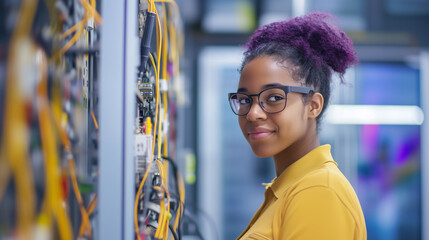 dedicated mixed-race black female student in an electrician apprenticeship, working at an industrial factory as part of her construction training. She is gaining invaluable experie
