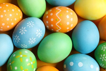 Beautiful decorated Easter eggs on orange background, flat lay