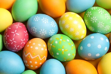 Beautiful decorated Easter eggs on yellow background, flat lay