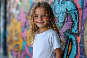 Naklejka premium Child posing in front of vibrant mural while wearing plain white t-shirt. Generative AI.