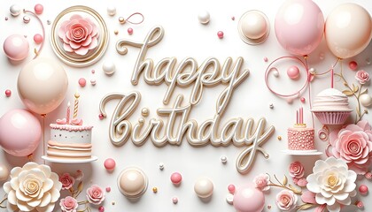 Happy birthday invitation card featuring a delightful blend of rounded vector art and dynamic abstract shapes. The design incorporates fluid illustrations of cake, balloons, flowers, and candles