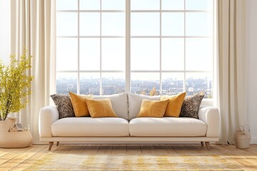 Fototapeta premium Designer living room with window, city view, couch, and decor. AI generated illustration.
