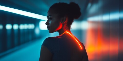 A young woman stands in a modern corridor. The focus is on her illuminated neck. The contrast of colors creates a striking visual. This image conveys a sense of mystery and beauty. AI.