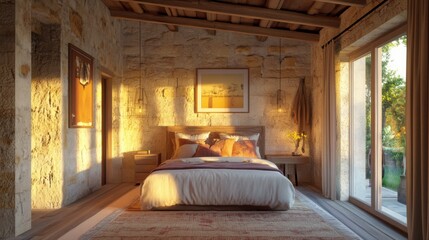 Cozy and Bright Bedroom with Natural Light and Rustic Stone Walls
