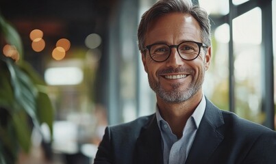 Fototapeta premium Confident Business Professionals Smiling in Modern Office Setting, Team Leadership, Success, Positive Work Environment