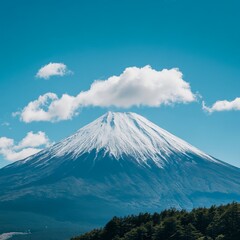 Stunning view of a snow-capped Mount Fuji against a bright blue sky. This serene landscape captures the essence of nature. Perfect for travel themes and outdoor projects. AI