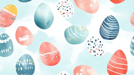 seamless pattern Geometric Easter egg clusters on baby blue background in watercolor illustration