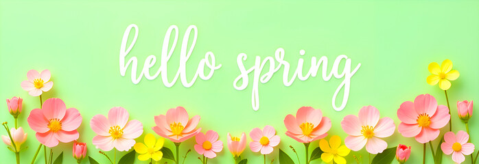 The inscription in white letters "hello spring" on a warm green background with bright colorful flowers. Welcome spring panoramic banner, background with copy space