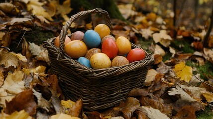 A vibrant basket filled with colorful eggs rests atop a mound of lush green leaves, showcasing a festive and natural atmosphere.