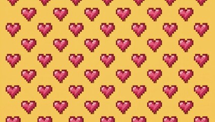 A pattern of pixelated hearts, evenly arranged on a pale yellow background.