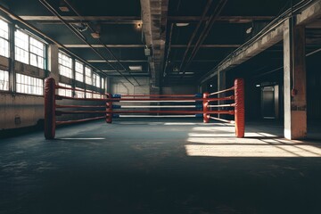 Empty boxing ring in a dimly lit arena. AI generated illustration.