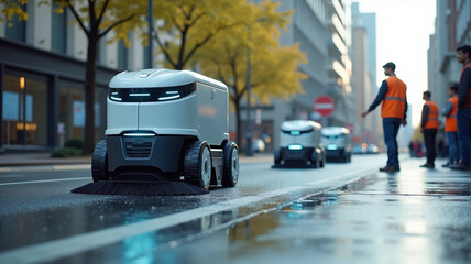 AI robots clean streets as环卫workers watch from a distance