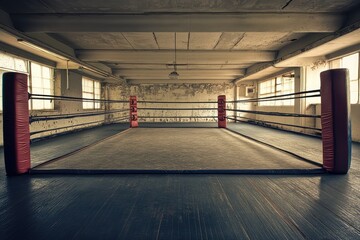 Empty boxing ring in a dimly lit arena. AI generated illustration.