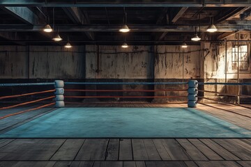 Empty boxing ring in a dimly lit arena. AI generated illustration.