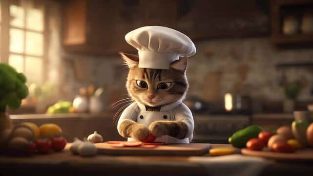 A cute chef brown cat cooking in the kitchen , video.