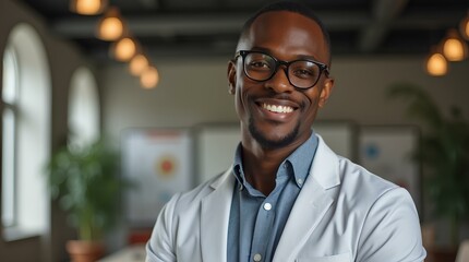 Fototapeta premium African male architect working in office, professional business man with glasses, handsome face and suit smiling in work