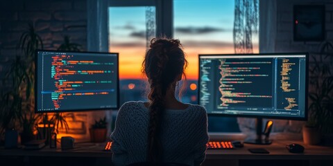 Tech Coding Expertise: Programmer Crafting Software, Data Processing with Global Network, Cloud Computing Security System
