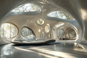 Empty futuristic light interior with minimalistic design and soft illumination. AI generated illustration.