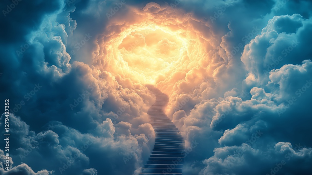 Poster a staircase leading into a portal of swirling clouds.