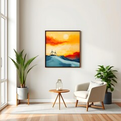 Modern Minimalist Living Room with Abstract Sunset Art