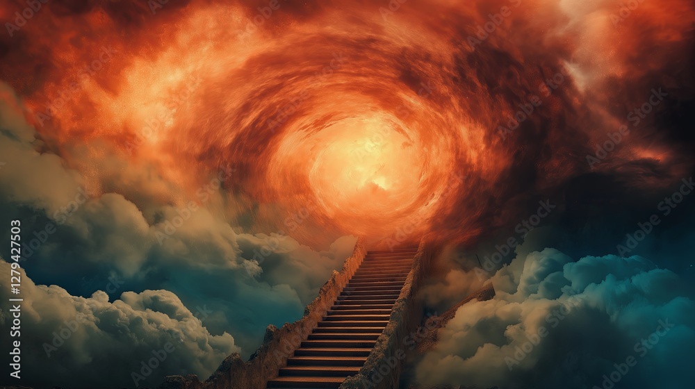 Poster a staircase leading into a portal of swirling clouds.