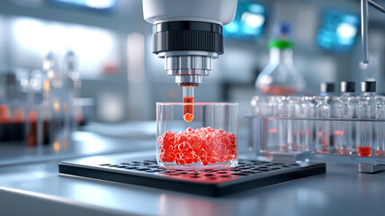 Laboratory Microscope Dispensing Red Liquid into Beaker with Translucent Spheres Surrounded by Glass Bottles