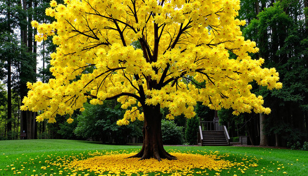 Vibrant yellow tree in lush garden, symbol of renewal