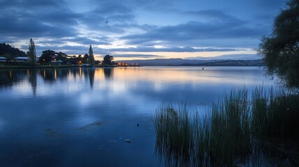 A serene lake with a boat floating gently, set against a picturesque sky, creating a tranquil and peaceful atmosphere.