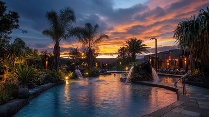 Obraz premium A serene pool features a cascading waterfall, surrounded by lush palm trees, creating a tropical paradise atmosphere.