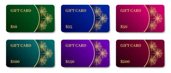 Gift cards mockups with shadows. Background template with abstract pattern. Voucher or coupon