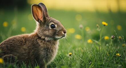 Fototapeta premium Wild rabbit in a lush meadow, basking in soft golden sunlight