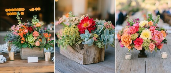 Fototapeta premium A table is elegantly adorned with three distinct arrangements featuring flowers and candles, creating a warm and inviting atmosphere.