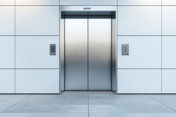 Elevator with metal doors, white blank wall, and concrete floor. AI generated illustration.