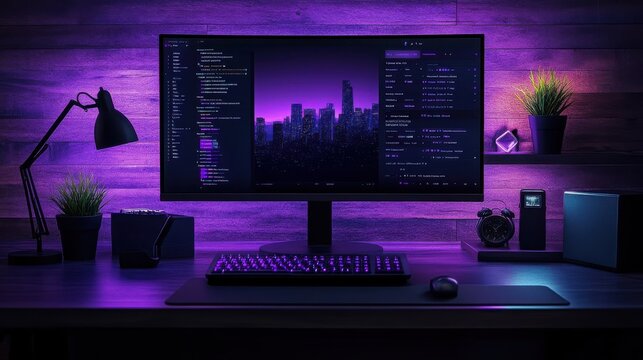 Modern Desk Setup with Computer and Neon Purple Aesthetic Lighting - Powered by Adobe