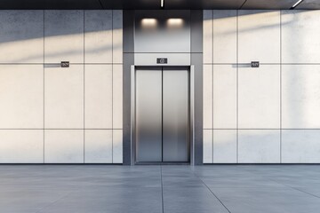 Elevator with metal doors, white blank wall, and concrete floor. AI generated illustration.