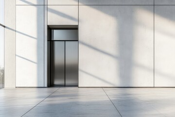 Elevator with metal doors, white blank wall, and concrete floor. AI generated illustration.